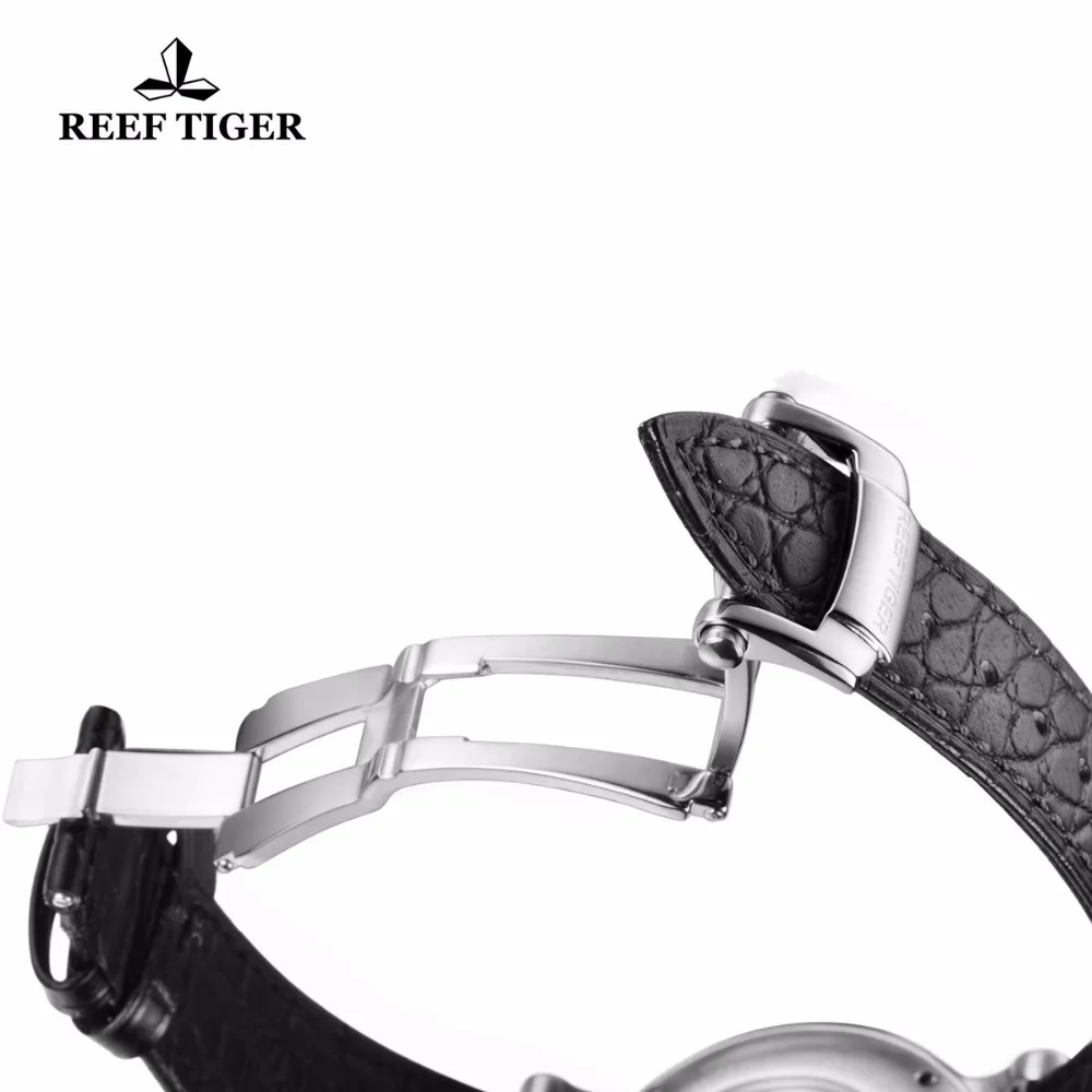 Мужские наручные часы Reef Tiger/RT синие механические из нержавеющей стали с кожаным