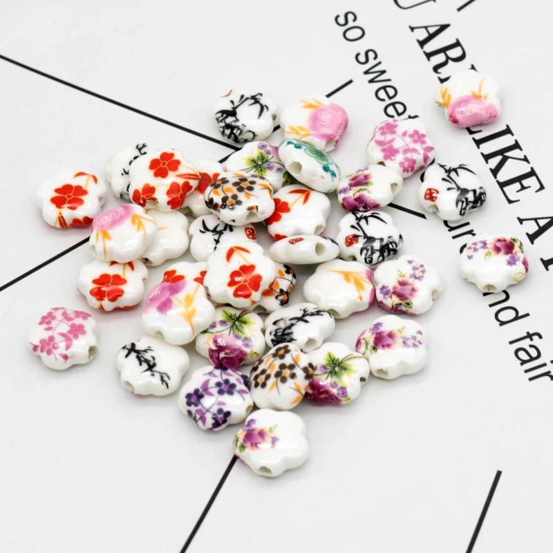 

2018 New Ceramic Flower Beads 100pcs/lot Colorful Flower Porcelain DIY Beads 15mm Flat Loose Spacer Beads For Jewelry Making