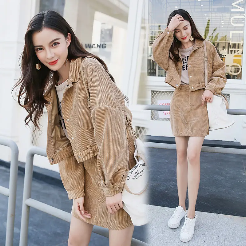 Khaki VANGULL/ новые осенние женские комплекты из двух предметов вельветовый с длинным рукавом Короткая куртка и мини-юбка весенний Повседневный Однотонный женский костюм - Цвет: Khaki