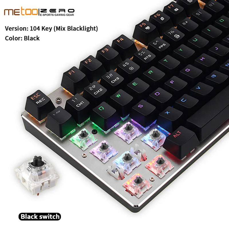 104Black Black Swich Оригинальная игровая клавиатура Metoo Zero, русская/английская/Арабская механическая клавиатура, 104 клавиш, usb Проводная клавиатура, синий/красный переключатель - Цвет: 104Black Black Swich