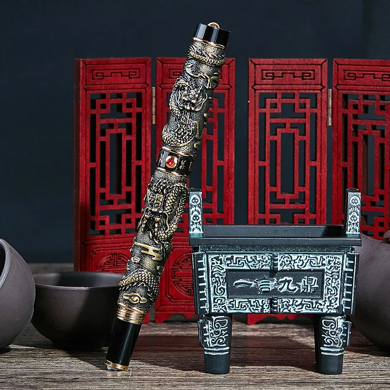 Bronze-with Holder Jinhao двойной дракон/змеиная винтажная Роскошная авторучка/ручка держатель полностью Металлическая резьба тиснение Тяжелая Подарочная Ручка Коллекция - Цвет: Bronze-with Holder