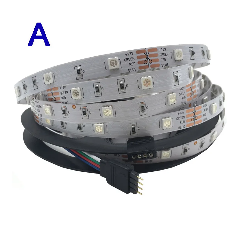 A Светодиодная лента RGB, светильник 5050 smd, гибкая светодиодная лента постоянного тока 12 В, 60 светодиодов/м, 5 м, RGB Светодиодная лента, не водонепроницаемая, 44 кнопки, контроллер, комплект адаптеров - Испускаемый цвет: A