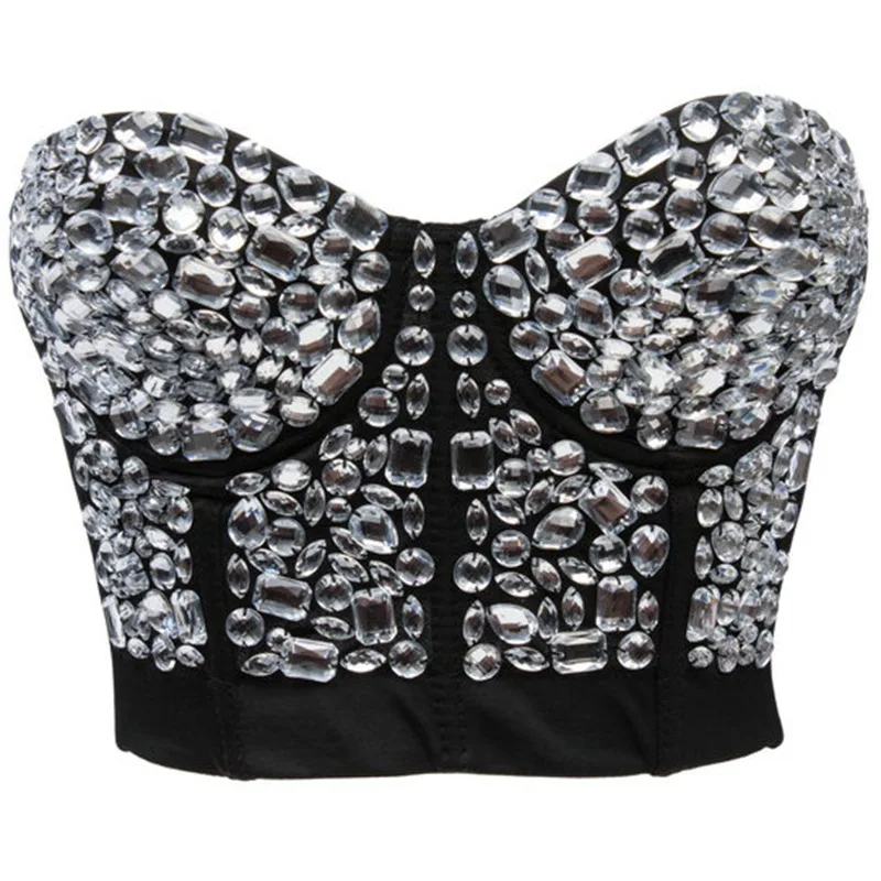 

Punk Rave Clubwear Black Handmade Beaded Bralet Bustier Strapless Bralette Top Women Sexy Brassiere Bra Push Up