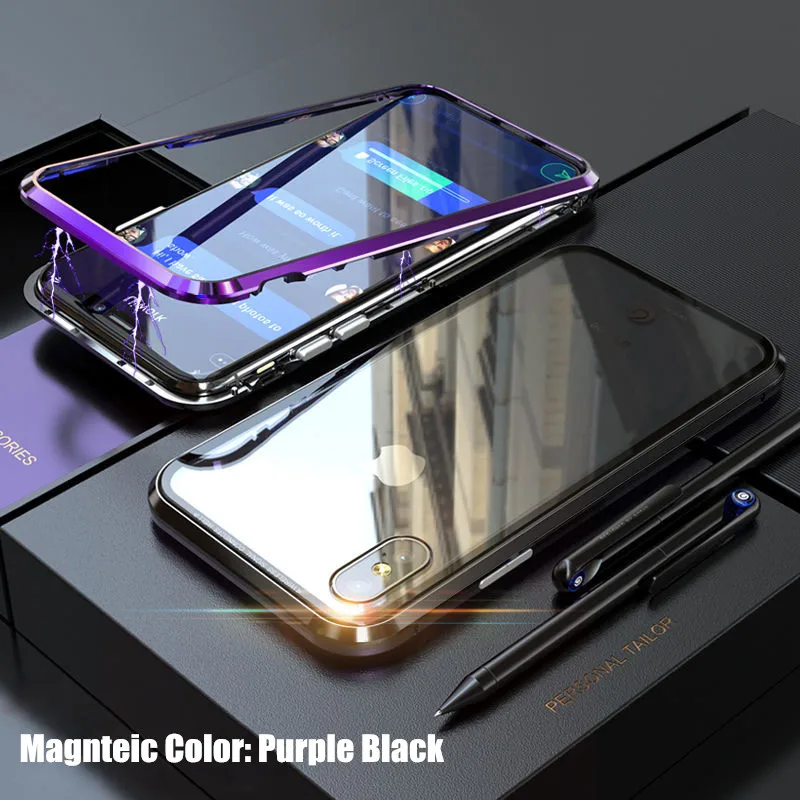 Purple Black Магнитное закаленное стекло чехол для iPhone X 7 8 Plus 360 Полный Край Защитный металлический бампер+ прозрачная стеклянная задняя крышка чехол - Цвет: Purple Black