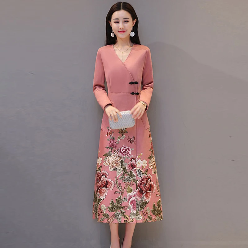 Женское винтажное платье с v-образным вырезом пуговицами и длинным рукавом