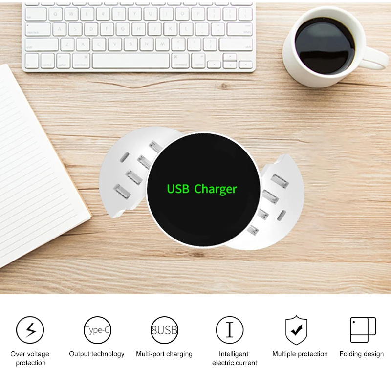 Новейший складной дизайн циркулярное 10 Вт Мульти USB 8 портов Зарядка 2 типа c