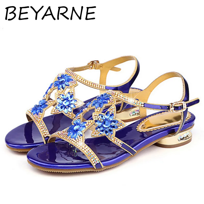 BEYARNE 2018 Purple Blue Gold Optional Women's Sandals Sweet Leather Rhinestone Shoes Low-heeled Diamond E302 | Обувь