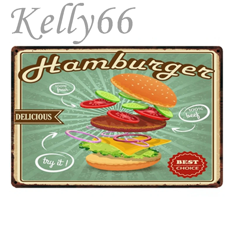 [Kelly66] гамбургер, металлический знак, жестяной плакат, домашний декор, бара, настенная живопись, размер 20*30 см