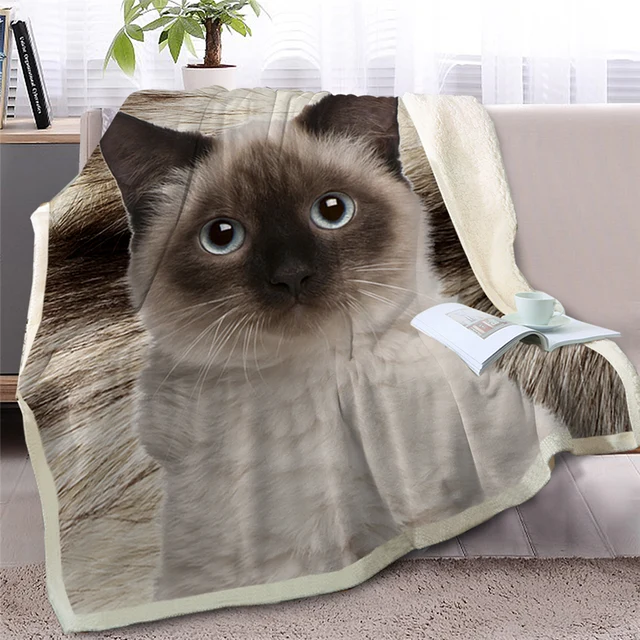 BlessLiving British Shorthair Cat Throw Blanket on Bed 3D Animal Plush Sherpa Blanket Siamese Bedspreads Gray Cat Fur Thin Quilt 3