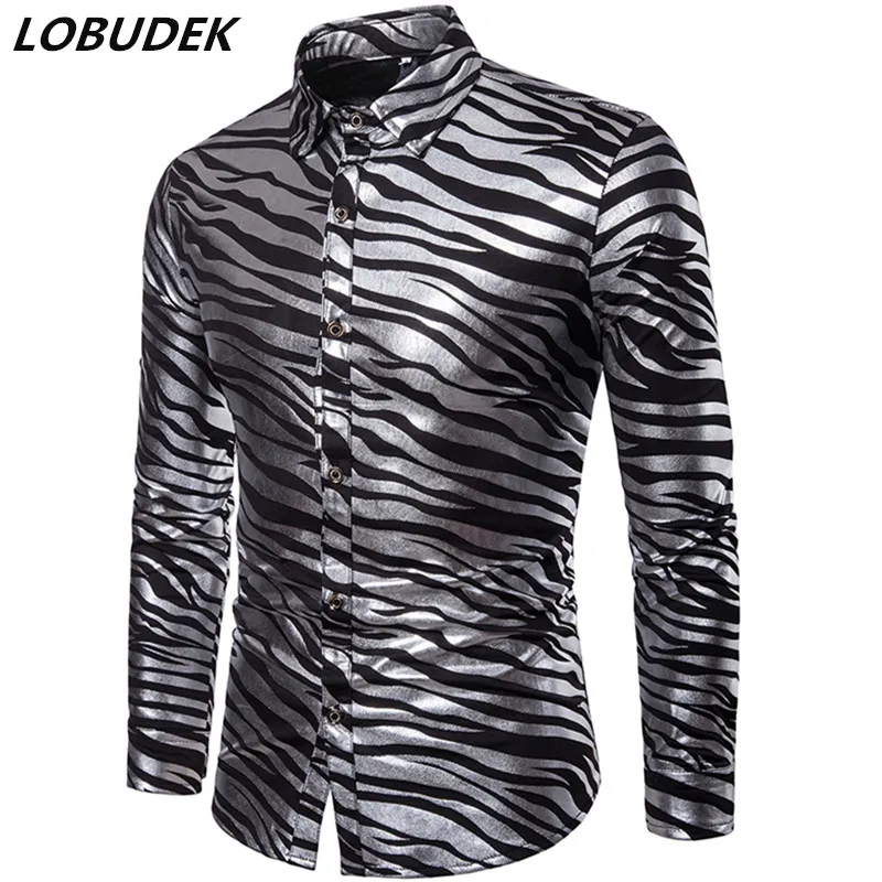 

3 Colors Printed Shirts Autumn Winter Men's Zebra Stripe Long Sleeve Shirts Casual Clothing Club Singer Stage Performance Outfit