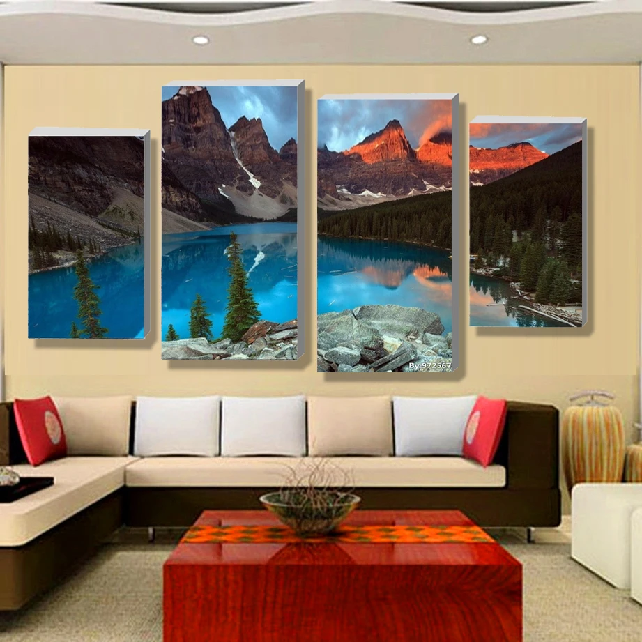 4 Панель наборы Красивый водопад пейзажная живопись цветы современные картины на