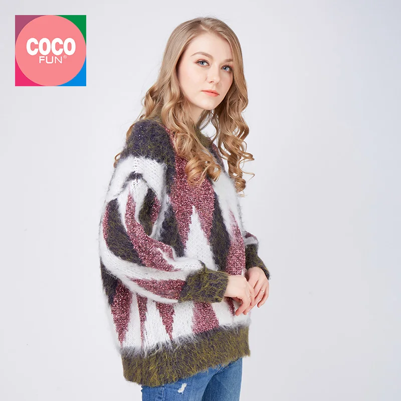Cashmere Geometric Pullover Round Neck Full Sleeve Jumper Loose Warm Thick Sweater Women Winter Knit Female Coco Fun | Женская одежда