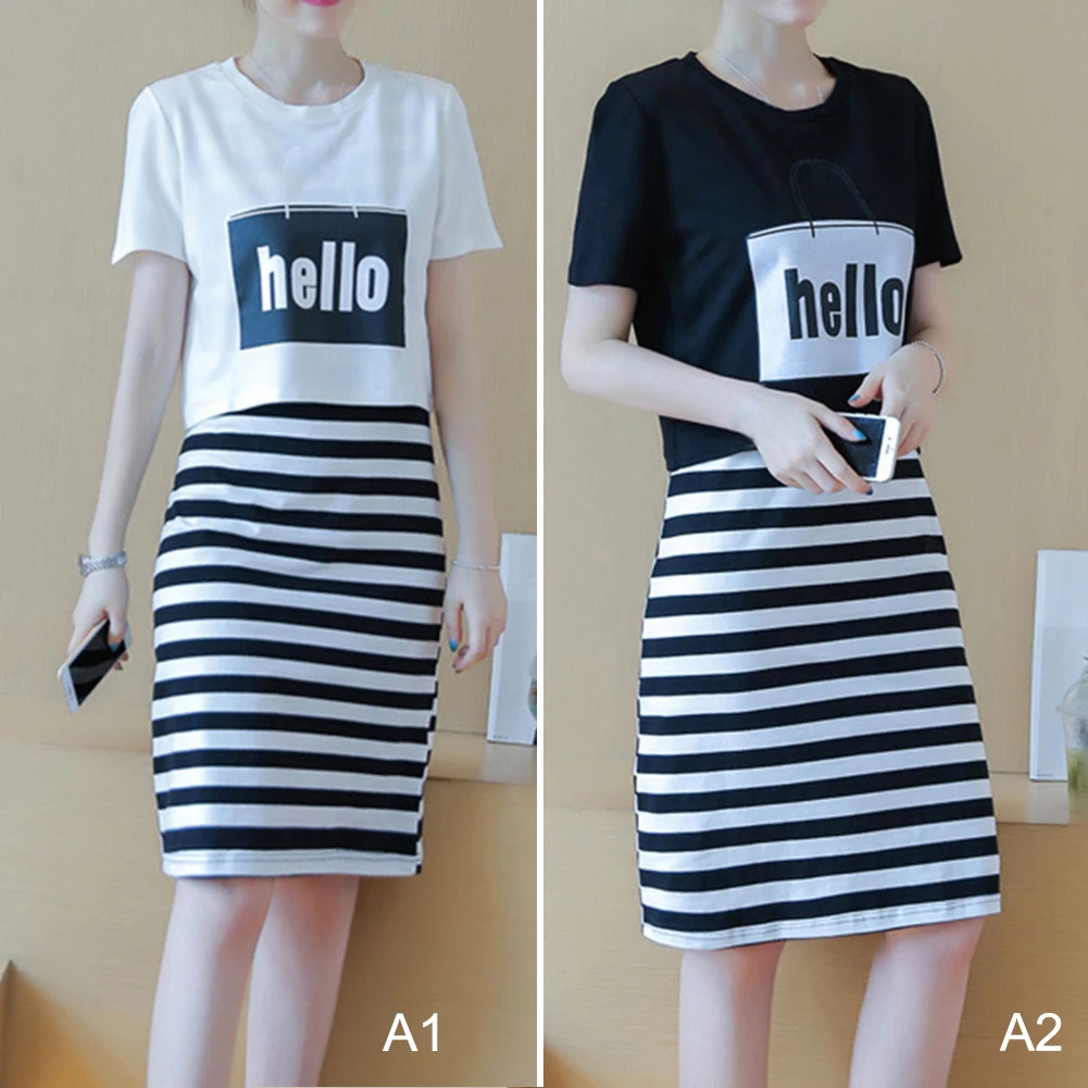 Женский комплект из 2 предметов жилета и платья в полоску с принтом футболки