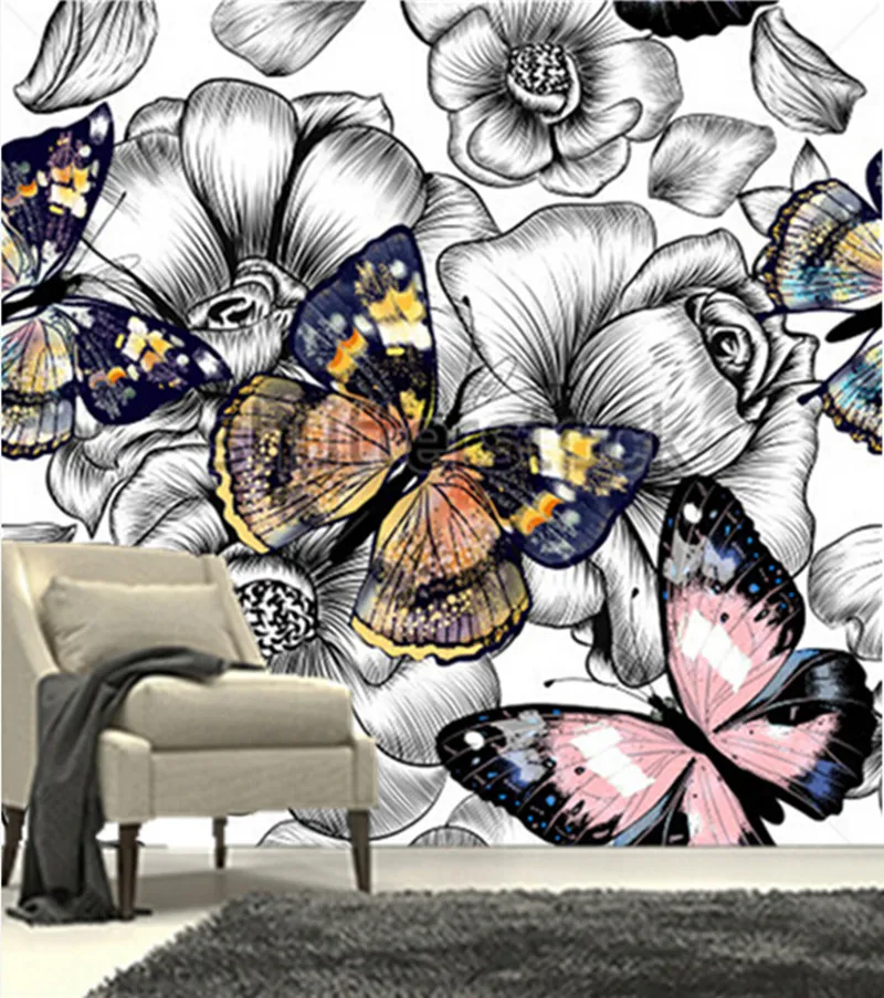 

The latest 3D murals,3D hand drawn flowers and colorful butterflies, living room TV sofa bedroom background wall paper