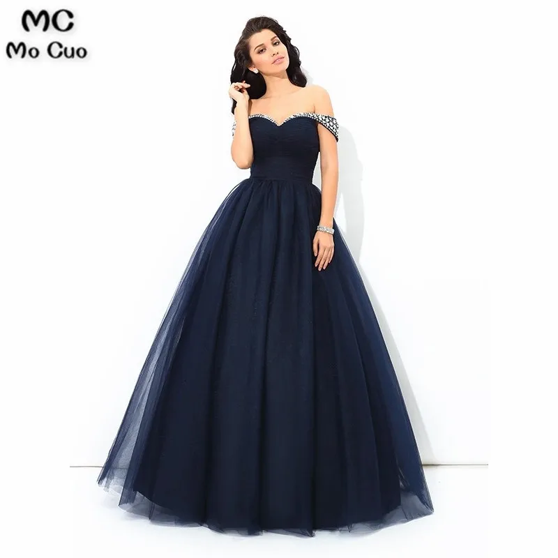 2019 Dark Blue Off Shoulder Evening Dresses Long with Beaded Short Sleeve Tulle Formal Party Dress for Women | Свадьбы и торжества