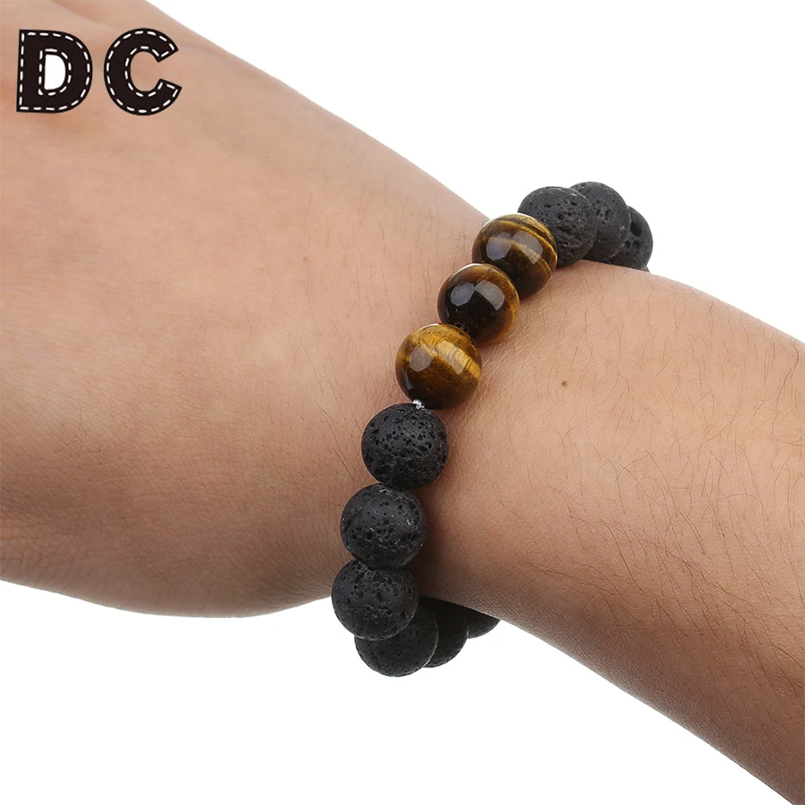 Мужской винтажный браслет с бусинами 12 мм из лавы и Тигрового Глаза|bracelets for|charm