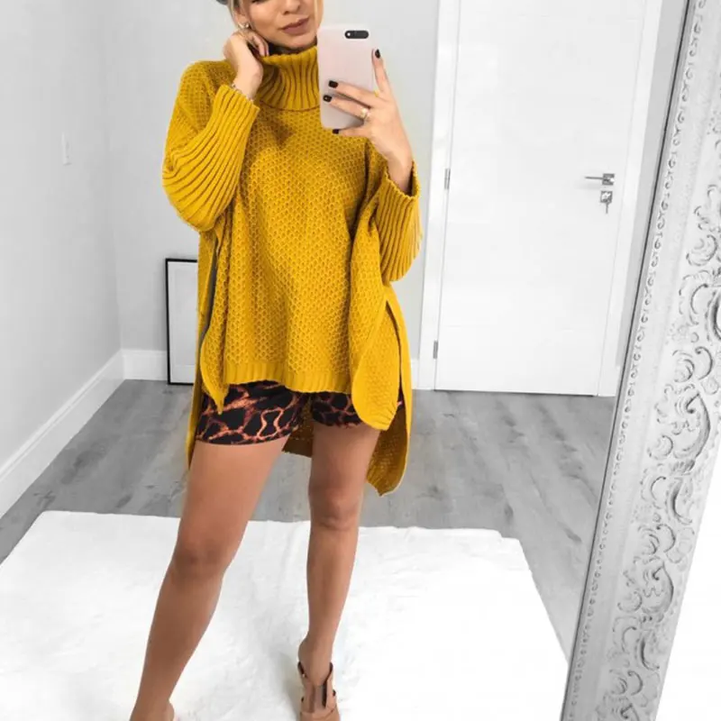 Autumn Women Turtleneck Irregular Pullover&ampSweaters 2019 Fashion Side Split Winter Jumpers Top Solid Warm Cozy Streetwear Female | Женская