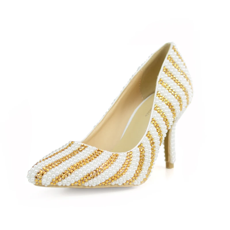Свадебные туфли Стразы с острым носком и белым жемчугом свадебные Женские