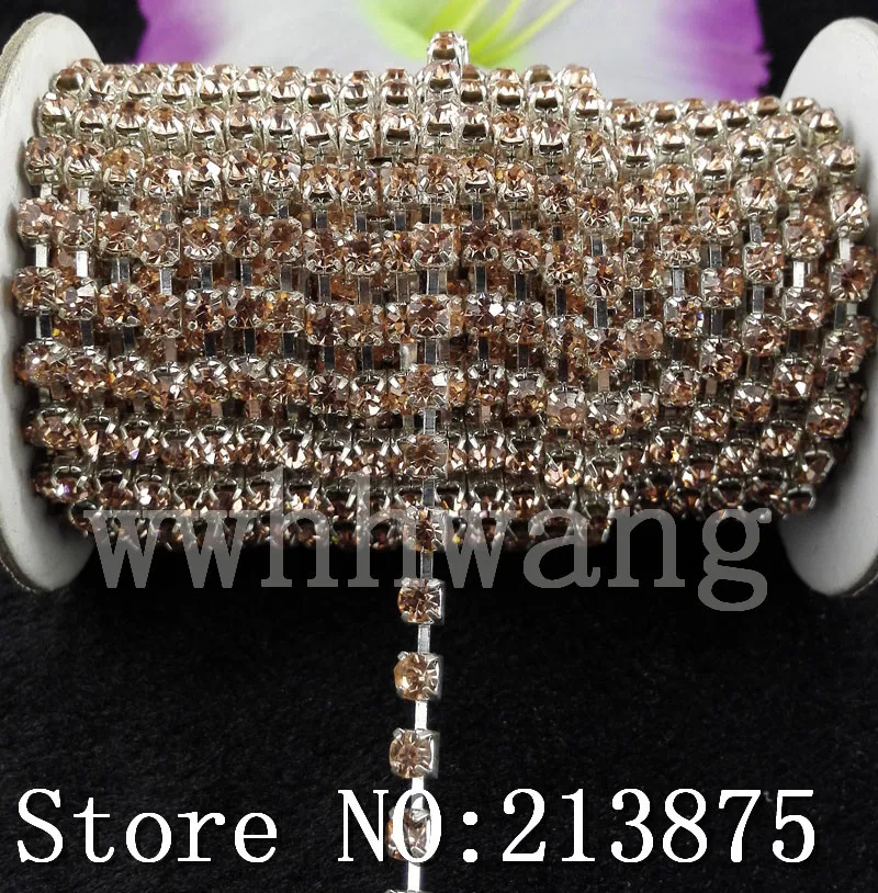 

Free shipping SS6 2mm 10Yards Champagne crystal glass rhinestone silver chain trims Wedding dresses Garment accessories