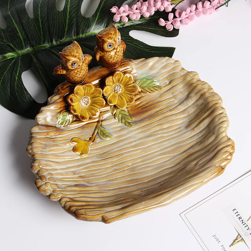 

Lovely Home Ornaments Owl Figurines Soap Container Ceramic Leaf Flower Fruit Plate Living Room Snack Dining Table Decorations