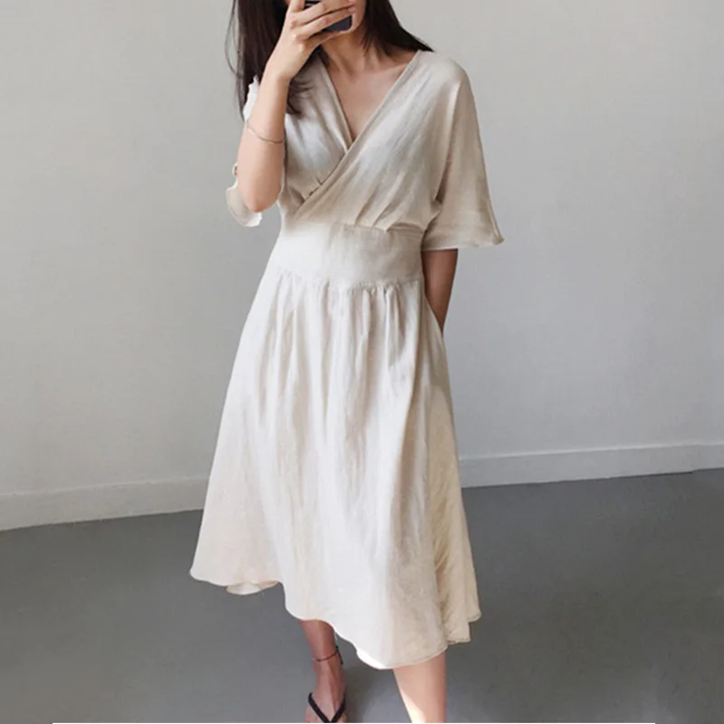 

2019 Summer Cotton Linen V-neck Leisure Loose Dress Solid Color Long sleeve Long Vintage Dress Women
