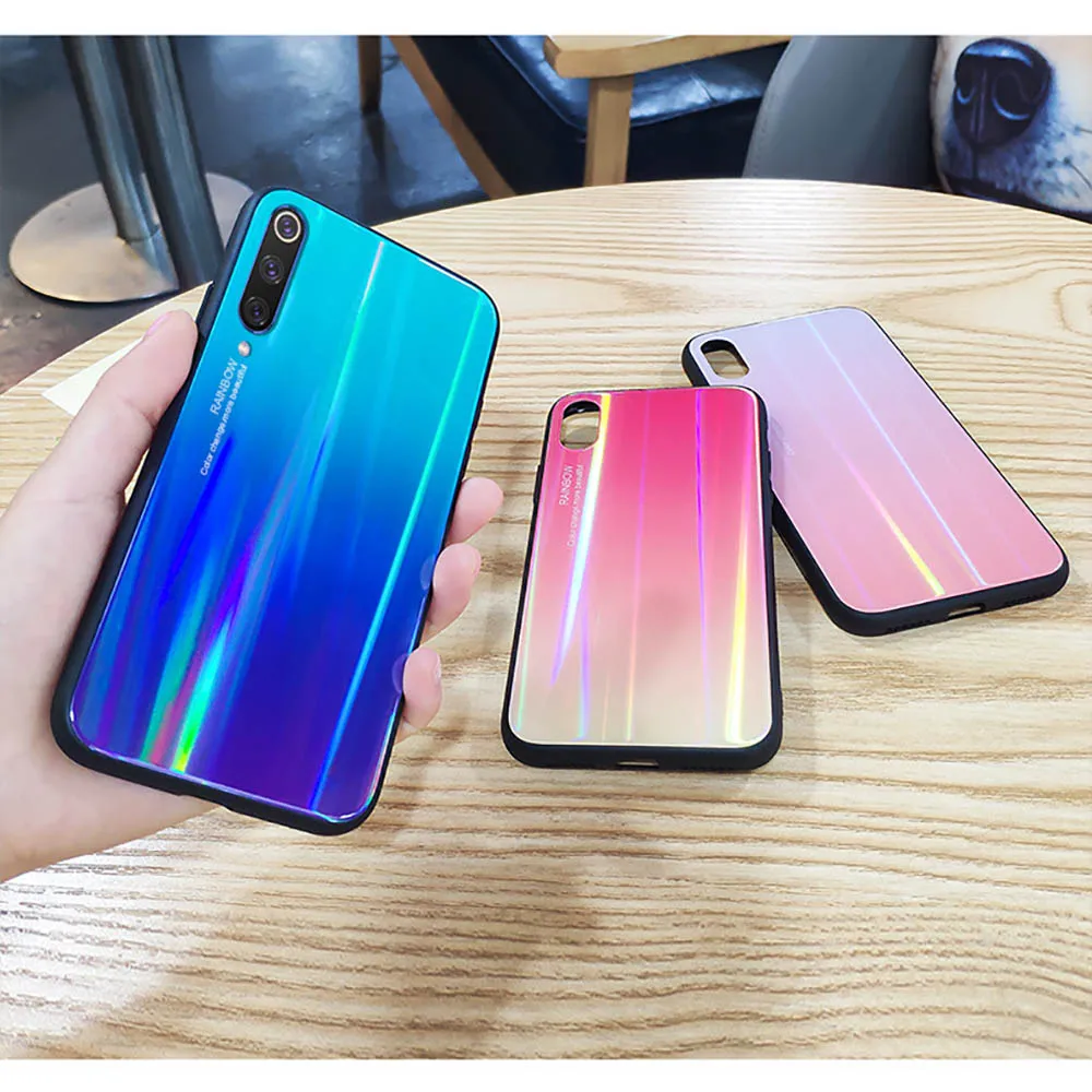 Laser Tempered Glass Case for Xiaomi Mi 8 9 Gradient Colorful Soft Silicone Anti-knock Cover For Redmi Note 7 | Мобильные телефоны