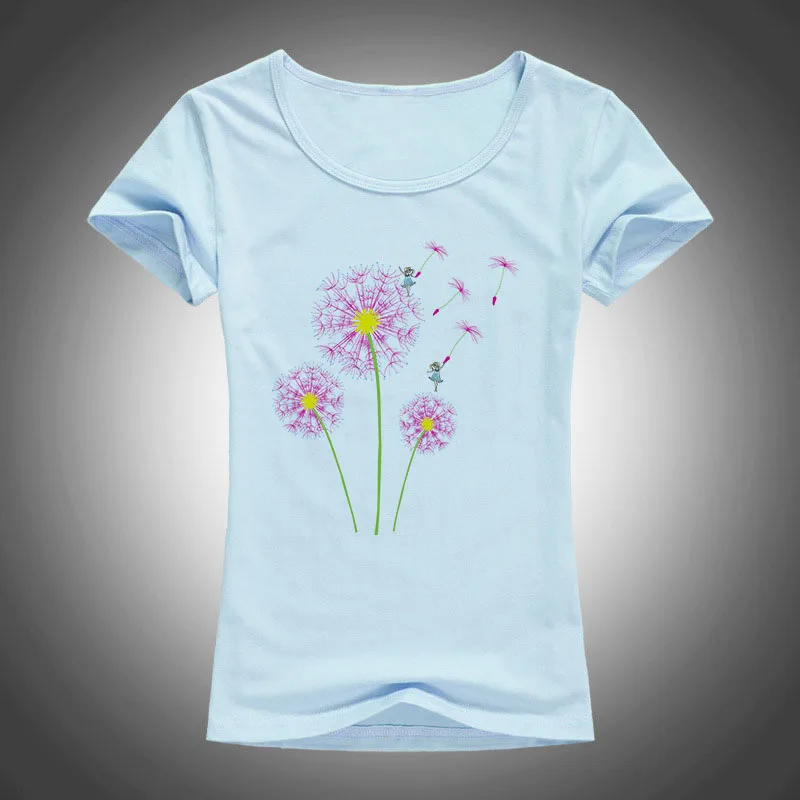 Футболка женская летняя из хлопка с принтом одуванчиков и коротким рукавом|cotton t