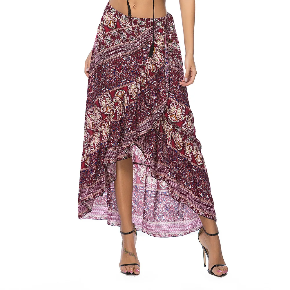 

Summer new elegant casual bohemian seaside holiday printing lace-up women's skirt irregular skirt