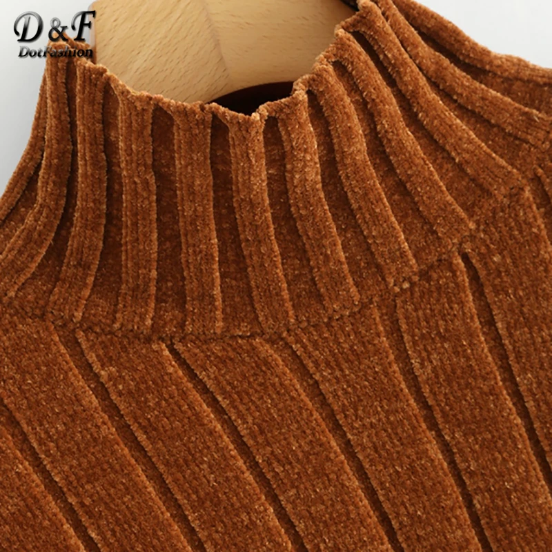 Dotfashion кофейный укороченный свитер с высокой горловиной Женский Повседневный простой Осенняя приталенная одежда с длинным рукавом Женский Пуловер Джемпер