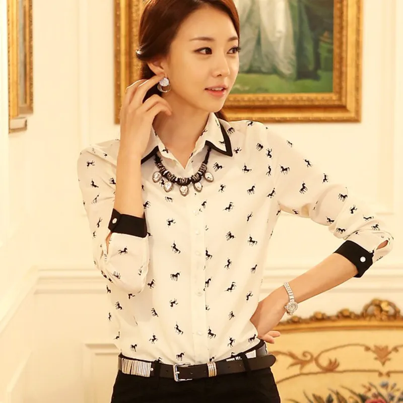 Корейский Верховая Отпечатано С Длинным Рукавом Элегантных Женщин Шифон