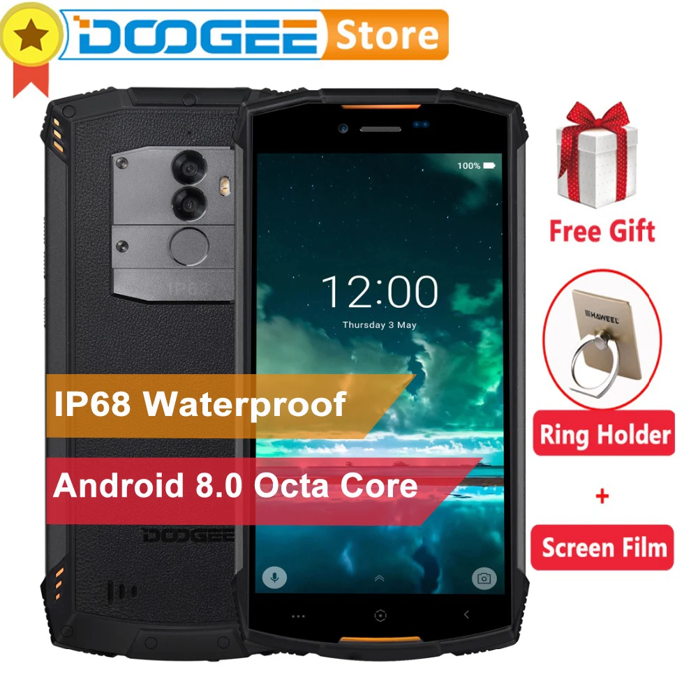 DOOGEE S55 4 Гб 64 Гб IP68 водонепроницаемый мобильный телефон 5," HD+ Android 8,0 Восьмиядерный 13мп камера 5500 мАч 5V2A быстрое зарядное устройство смартфон