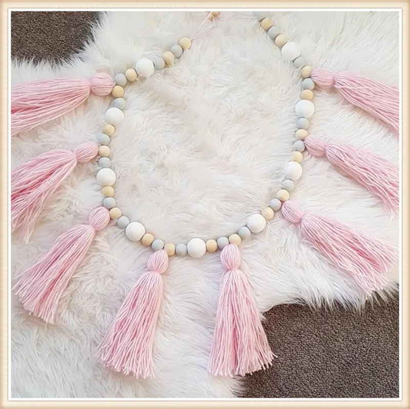 

INS Nordic style Macaroon wood beads hanging with tassel decorative Bed hanging Children room Child clothing store decoration