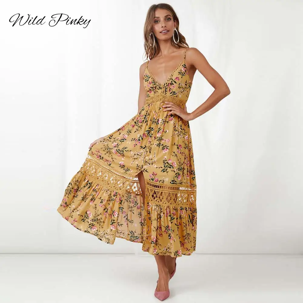 WildPinky Boho Летнее платье в богемном стиле Цветочный принт спагетти ремень Длинные