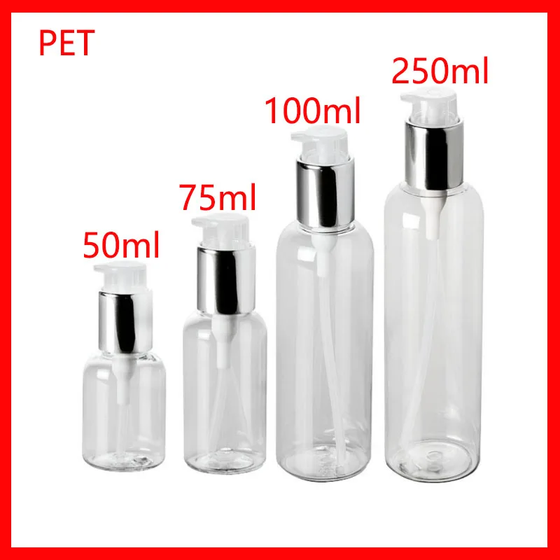 

50/75/100/250ML Clear PET empty plastic bottle w silver lotion pump makeup container cosmetic skin care Refillable Bottles