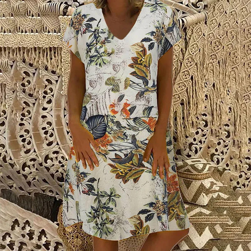 Женское платье пляжное свободное Ретро модное праздничное с коротким рукавом