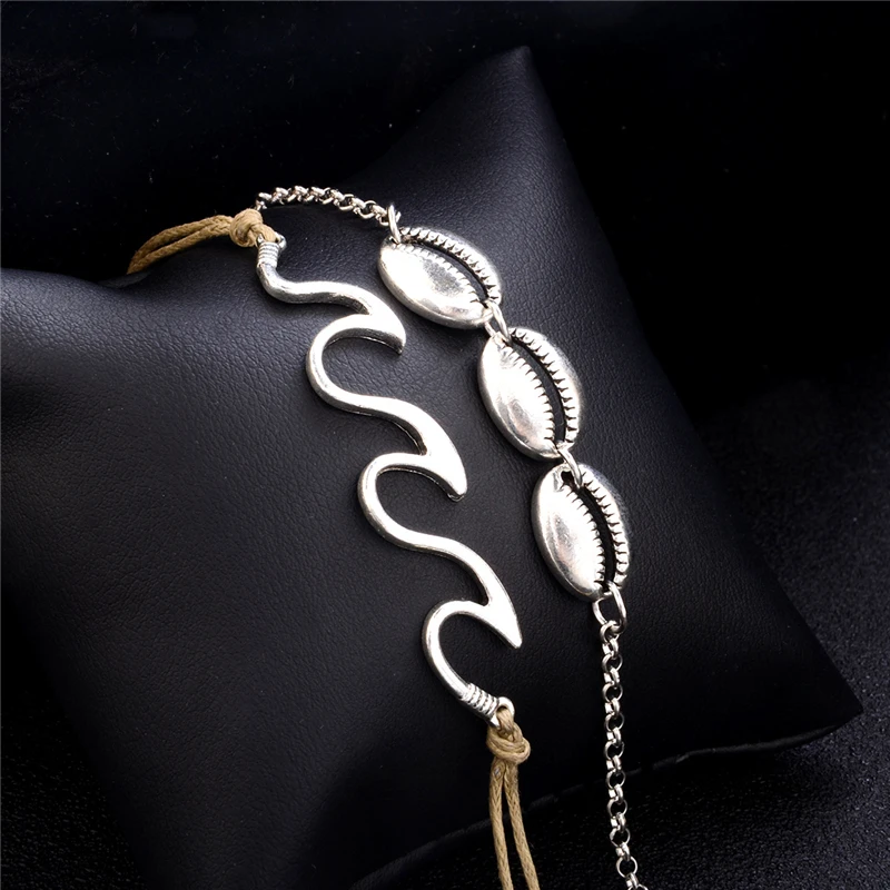 2 Pcs/ Set Personality Women Shell Lips Leather Chain Pendant Silver Multilayer Anklet Classic Summer Beach Jewelry Gift | Украшения и