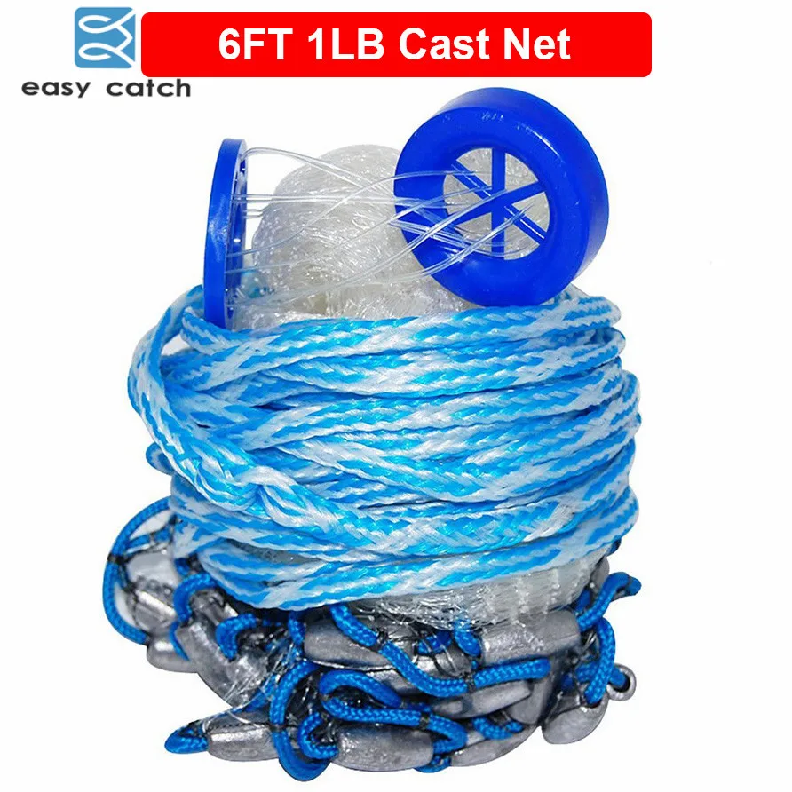 Easy Catch 6 Feet Radius 1LB Fishing Cast Net American Heavy Duty Real Lead Weights Hand Throwing Trap Net With Plastic Bucket