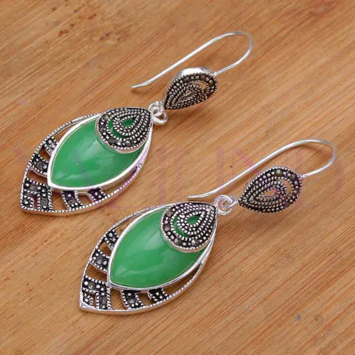 

new vintage green Quartzite jade silver hook women dangle earrings new