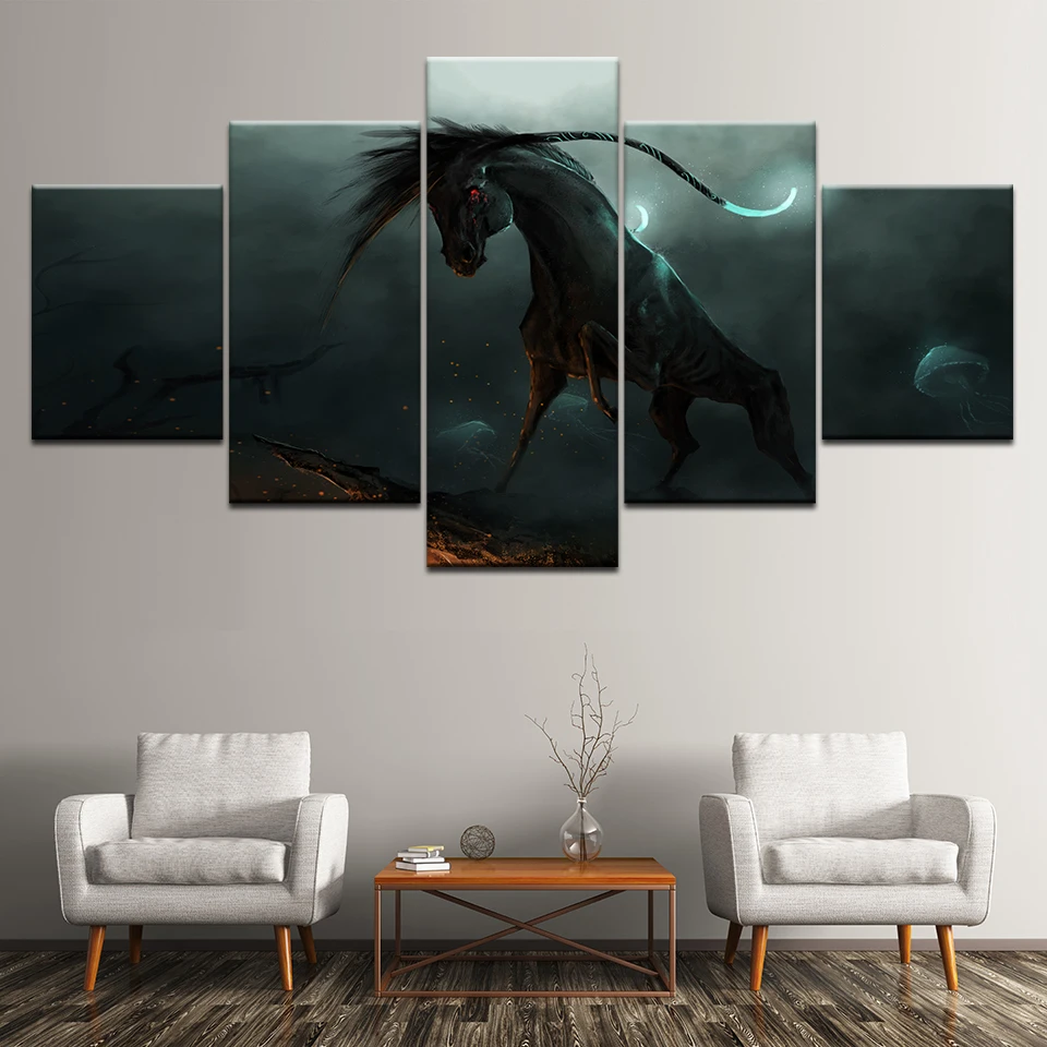 Картина на холсте дикая лошадь ночью 5 шт. Настенная картина модульные обои