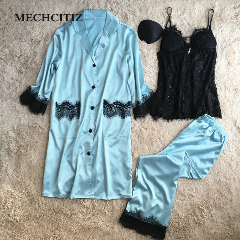 MECHCITIZ 2019 Three Piece Silk Pajamas Sets For Women Robe Sling Pants Stripe Pyjamas Spring Warm Long Sleeve Sleepwear Lounge | Женская