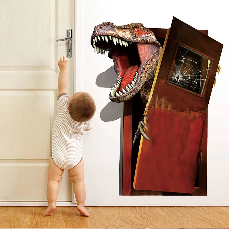 3d cartoon angry dinosaur broken door vinyl wall stickers kids room bedroom nursery decals removable murals home decor dc8 | Дом и сад