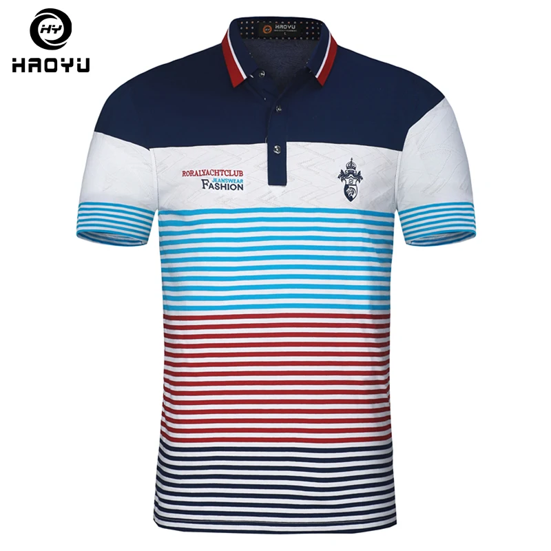 Embroidery Men Polo Shirt Brand Floral Collar Striped Printed Breathable Cotton Slim Mens Shirts Camisa Polos Haoyu | Мужская одежда