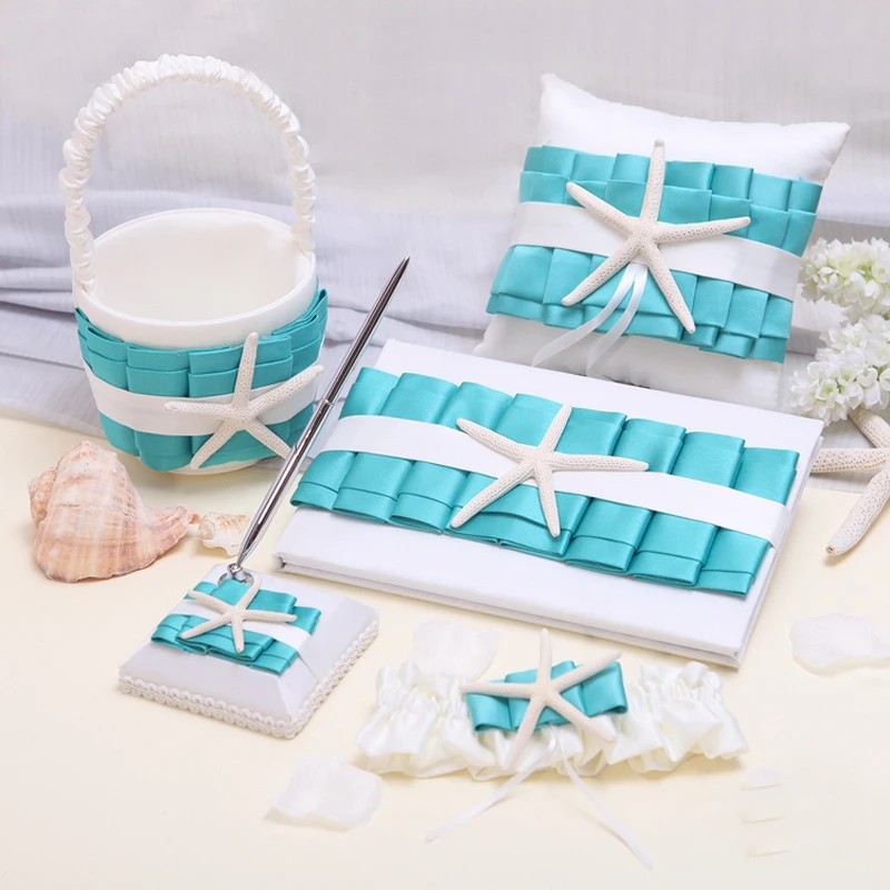 5Pcs/set Creative ocean Sea shells Wedding decor Ring Pillow Flower Basket Garter Guest Book Pen Festive bride Party Supplies
