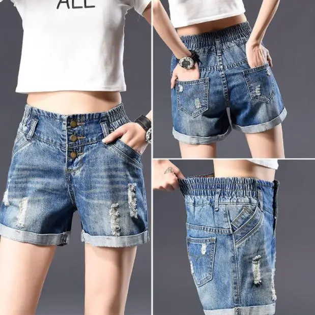 Elastic waist denim shorts women's summer 2019 new hole high large size loose | Женская одежда