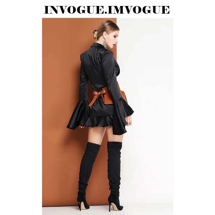 INVOGUE. Женское платье с оборками и пуговицами черное v образным вырезом длинными