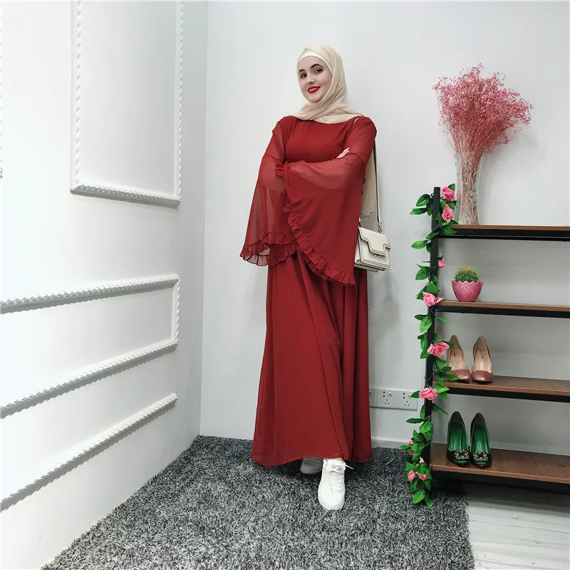 Фабрика большой расклешенный рукав мусульманские abayas syari арабские женщины полная Длина оборками кружева мусульманские халаты Рамадан абаи с поясом wq980