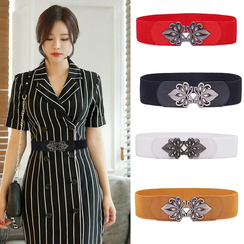 Women Wide Elastic Waist Belt Retro Stretch Cinch Belt with Interlocking Buckle H9