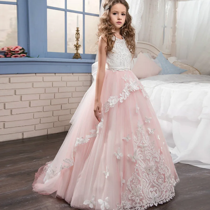 

Pink Lace Wedding Lace Flower Girl Dress for Weddings First Communion Dresses for Girls Pageant Dress Ball Gown Custom Made