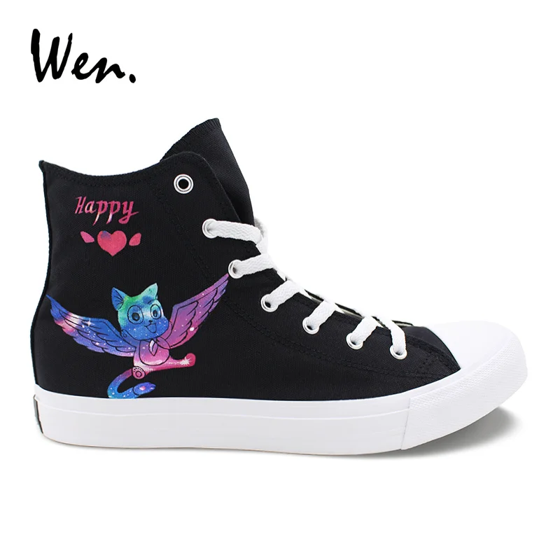 

Wen Custom Vulcanize Shoes Anime Fairy Tail Happy Cat Hand Painted Canvas Sneakers Neutral Plimsolls High Top Espadrilles Flat
