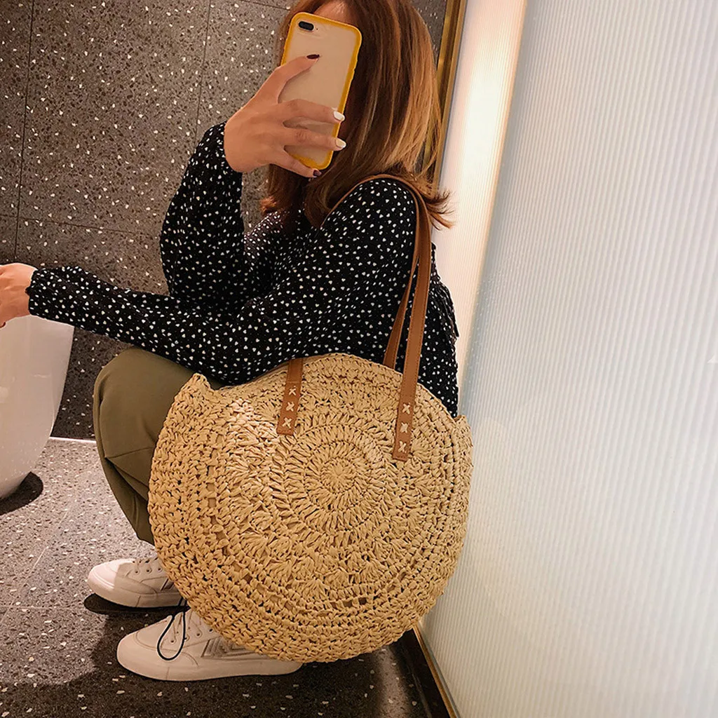 

Hand-woven Round Woman's Shoulder Bag Handbag Bohemian Summer Straw Beach Bag Travel Shopping Female Tote Wicker Bags 7J2